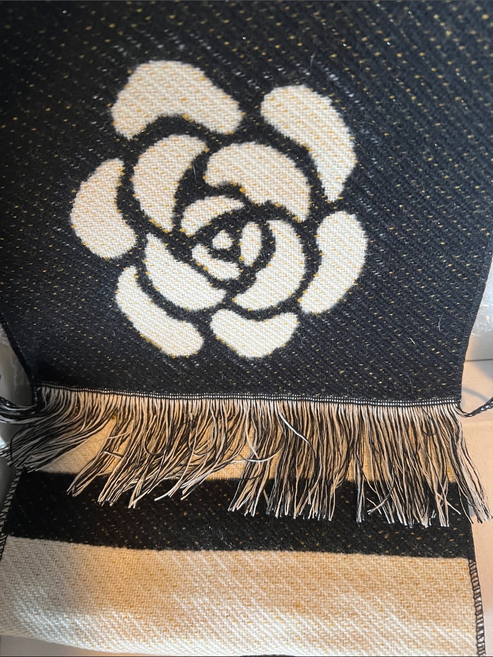 CHANEL Black & White Camellia Intarsia Cashmere Wool Scarf - Picture 6 of 11